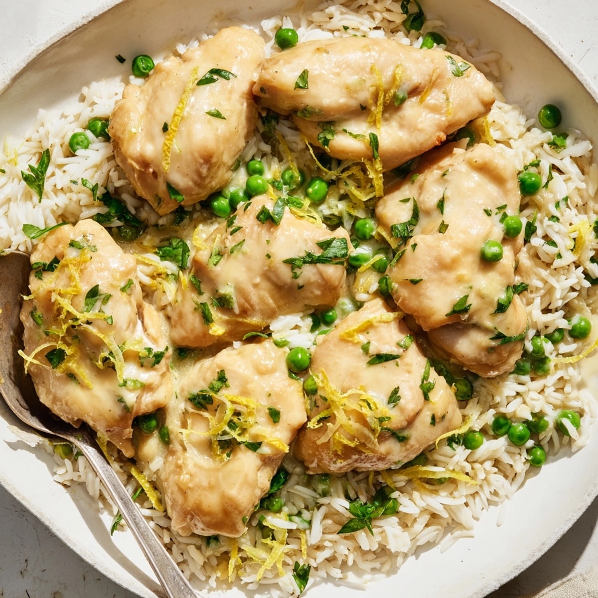 One-Pot Creamy Lemon Chicken and Rice served in a skillet, garnished with fresh parsley and lemon.