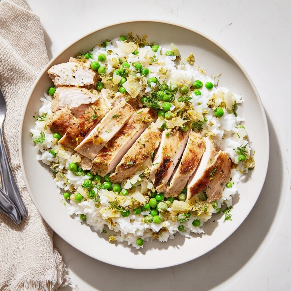 Close-up of one-pot creamy lemon chicken and rice, golden chicken pieces nestled in creamy rice.