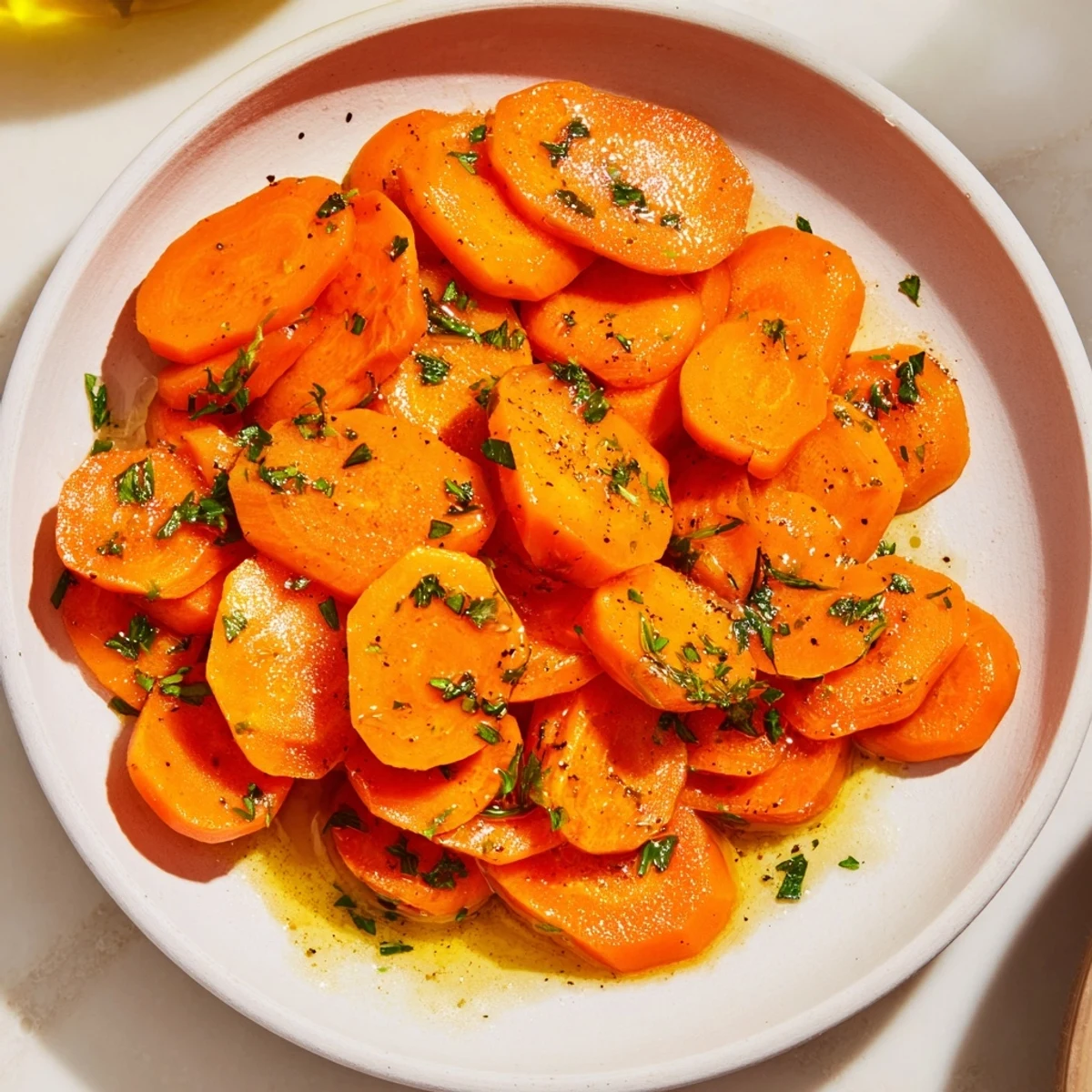 Golden Honey-Glazed Carrots glistening in a pan, ready to serve with their sweet, buttery honey glaze.