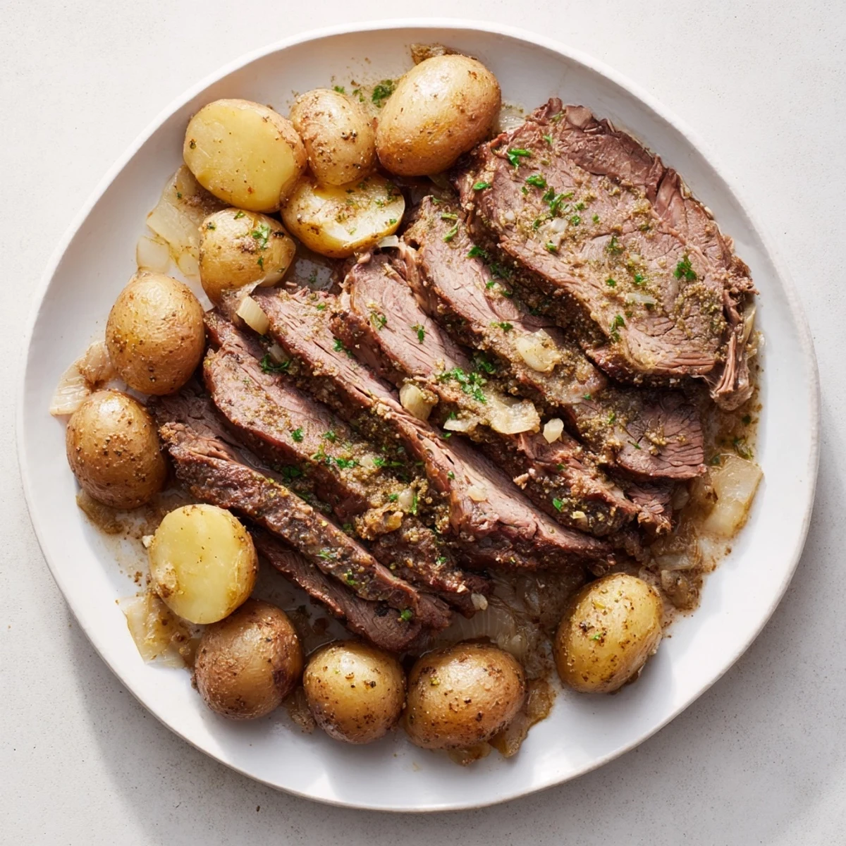 Tender, fall-apart simple slow cooker pot roast, served with golden potatoes and savory broth.