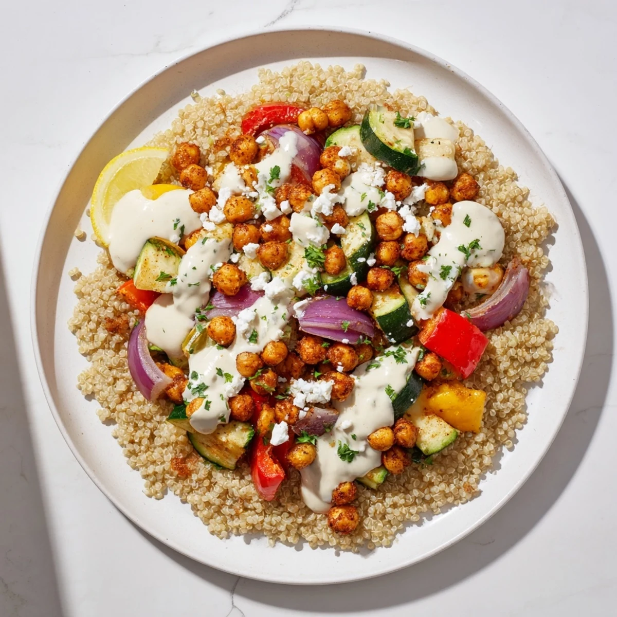 A close-up of a delicious Mediterranean Chickpea and Veggie Grain Bowl, ready to be enjoyed as a meal.
