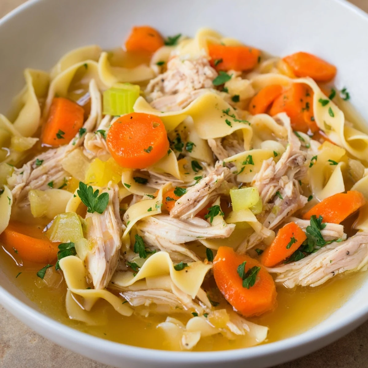 Steaming bowl of Cozy Chicken Noodle Soup showcasing golden noodles and tender chicken, ready to enjoy.