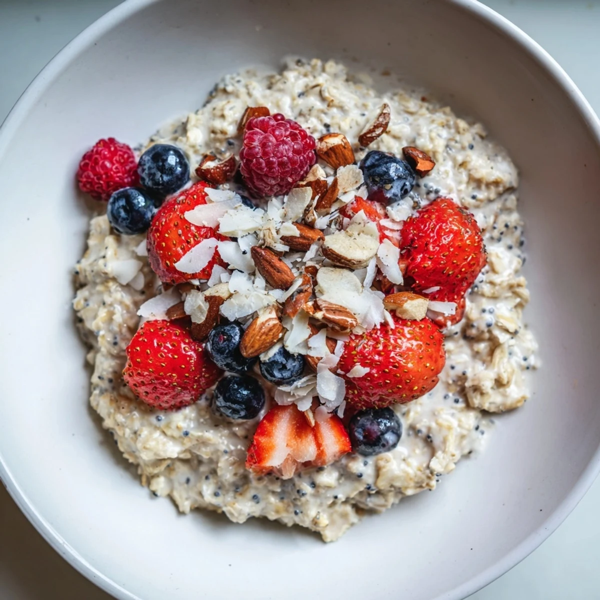 Enjoy a spoonful of delicious overnight oats with berries, perfect for a quick, healthy meal.