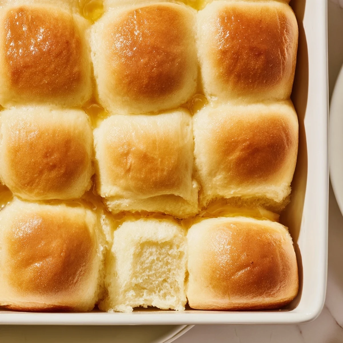 Warm, golden Homemade Golden Dinner Rolls, freshly baked and ready to be torn apart and enjoyed.