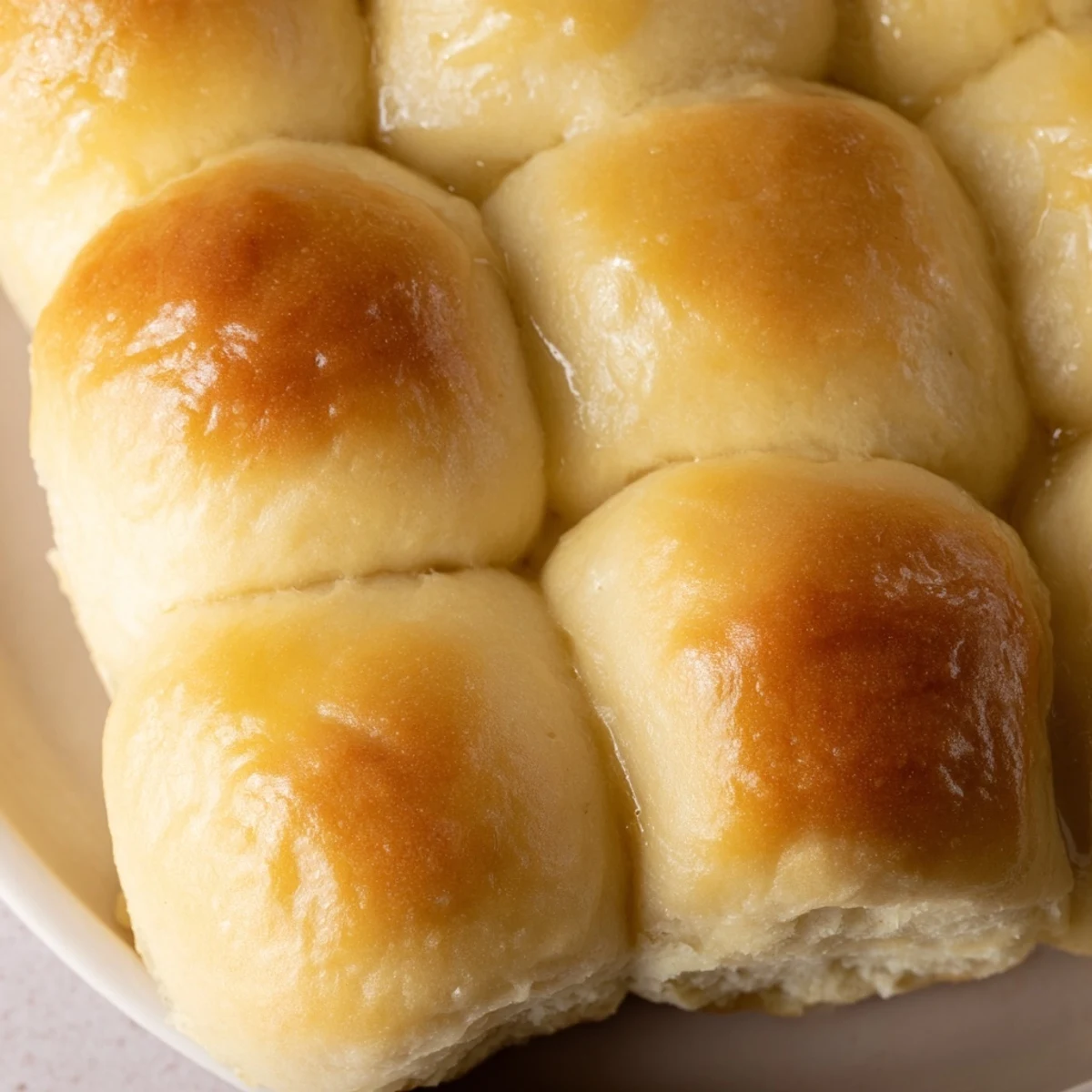 A close-up of fluffy Homemade Golden Dinner Rolls, showing a perfect, tender, and inviting texture.