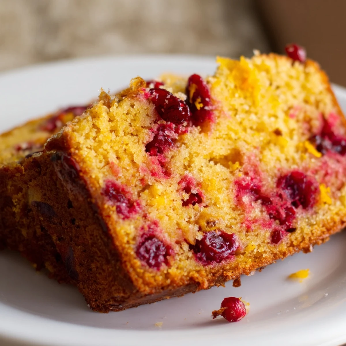 Golden brown, warm cranberry and orange bread with glistening cranberries, ready to serve and enjoy.