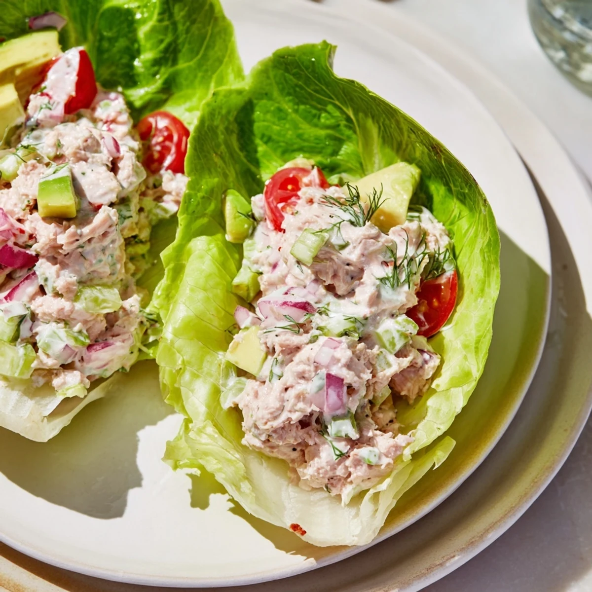 Fresh and colorful tuna salad lettuce wraps, creamy, with avocado and tomato, ready to eat.