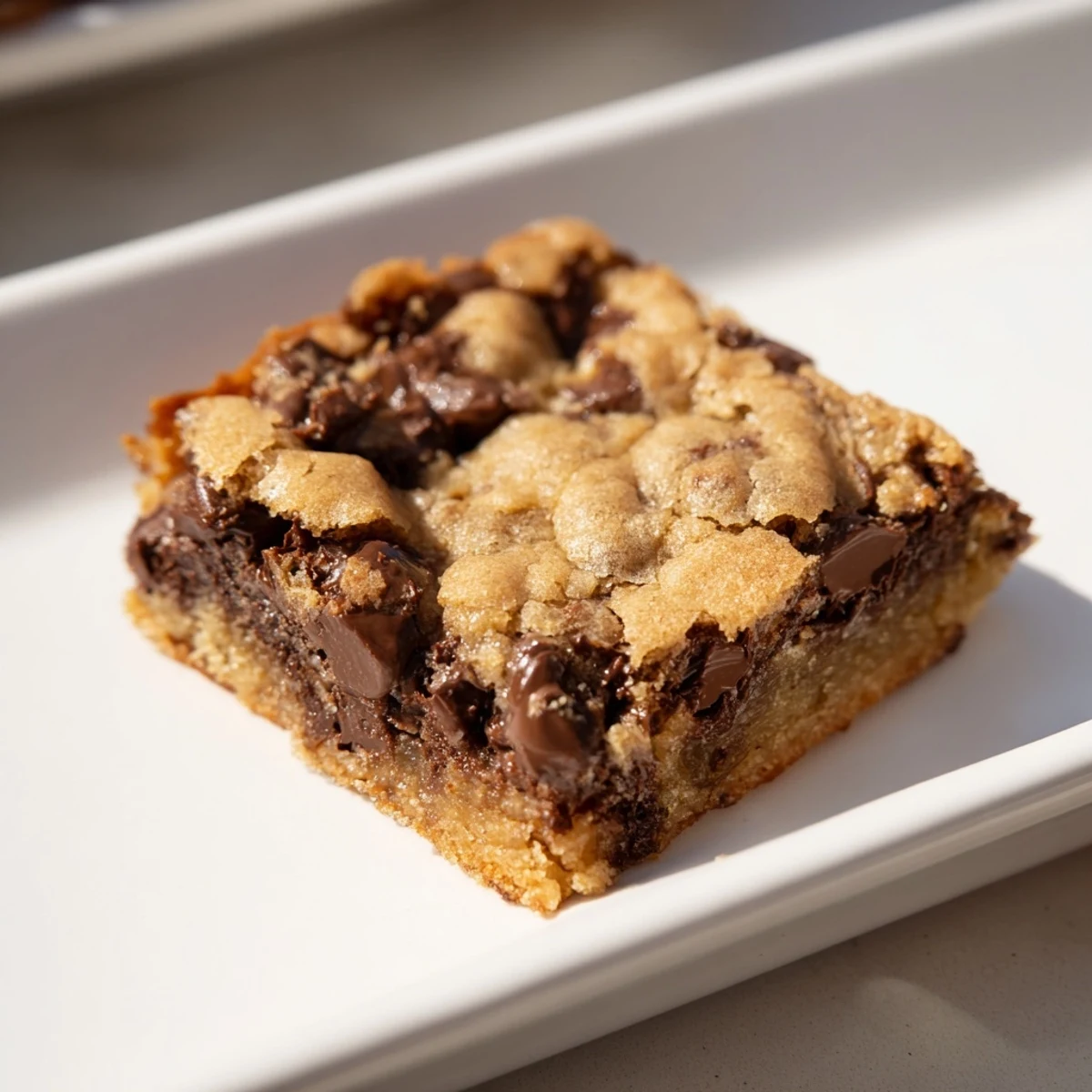 Golden, gooey Ultimate Chocolate Chip Cookie Bars topped with melty chocolate, a delightful dessert.