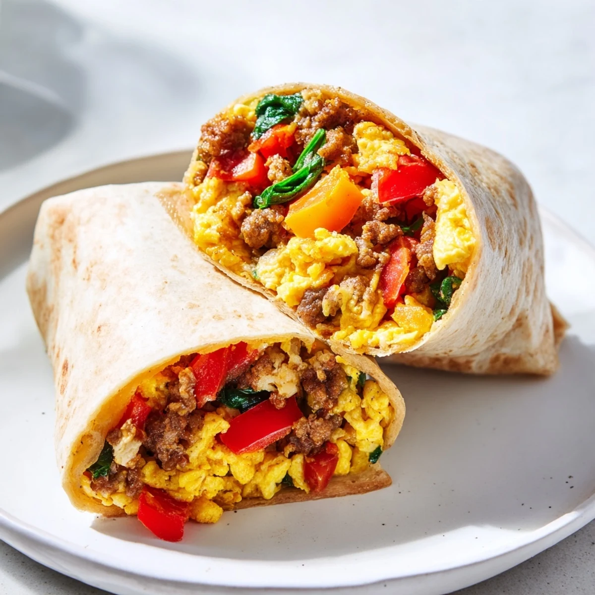 A close-up of delicious Make-Ahead Breakfast Burritos, packed with cheese, peppers, and onions inside flour tortillas.