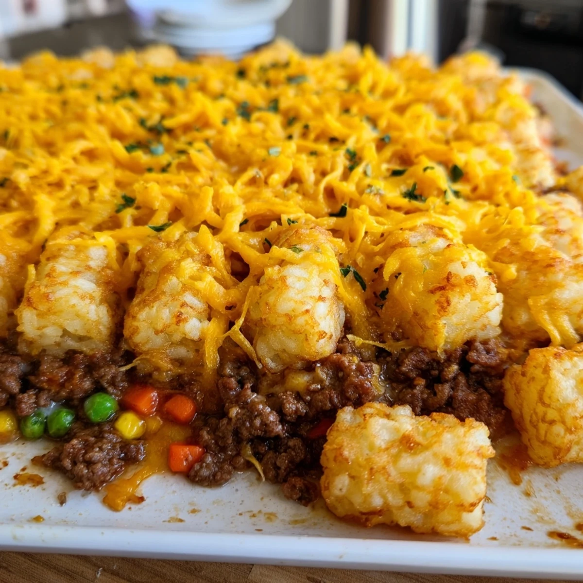 A hearty helping of Family Favorite Tater Tot Casserole with melted cheese, brimming with savory goodness.