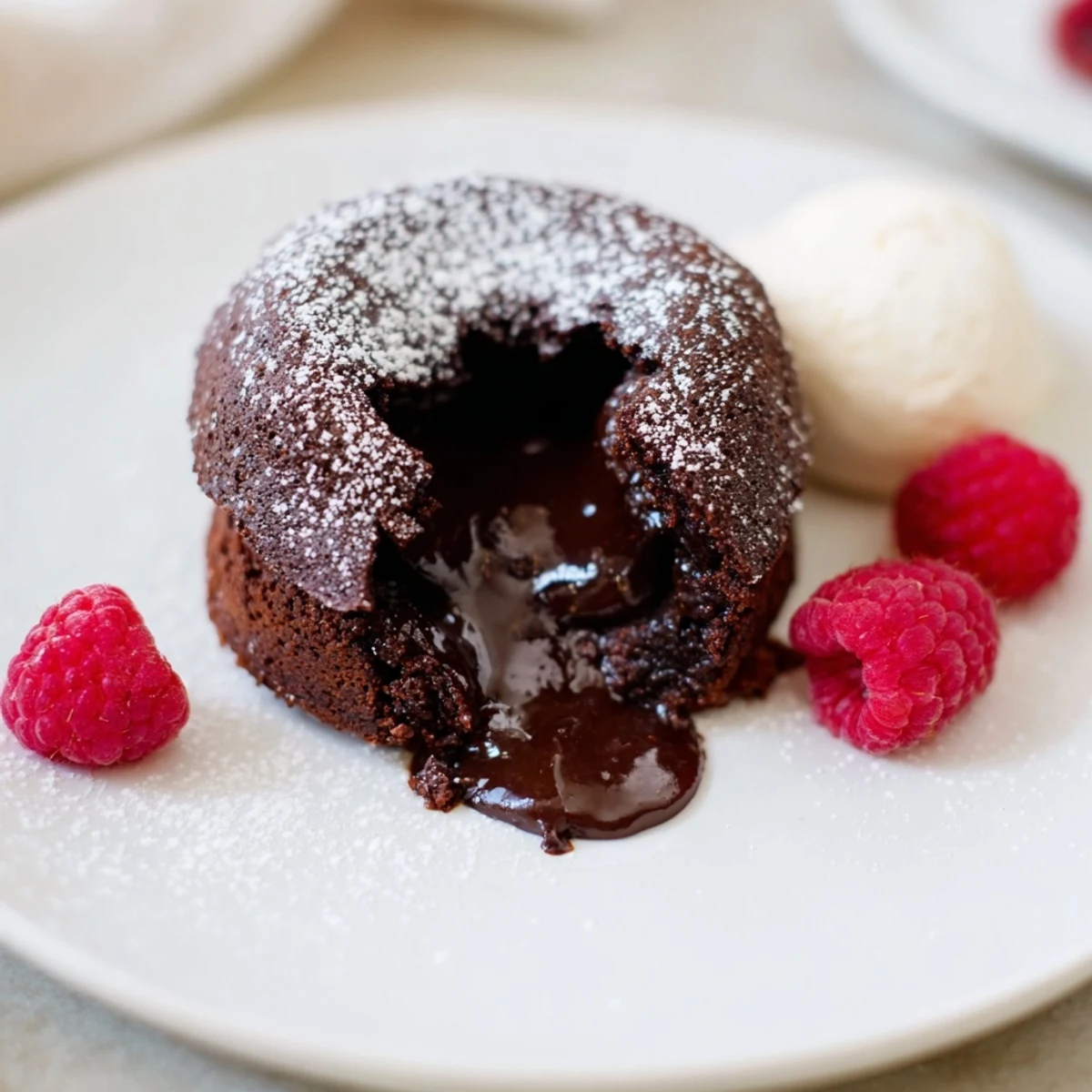 Warm, gooey center of these mini chocolate lava cakes oozes invitingly on the plate.