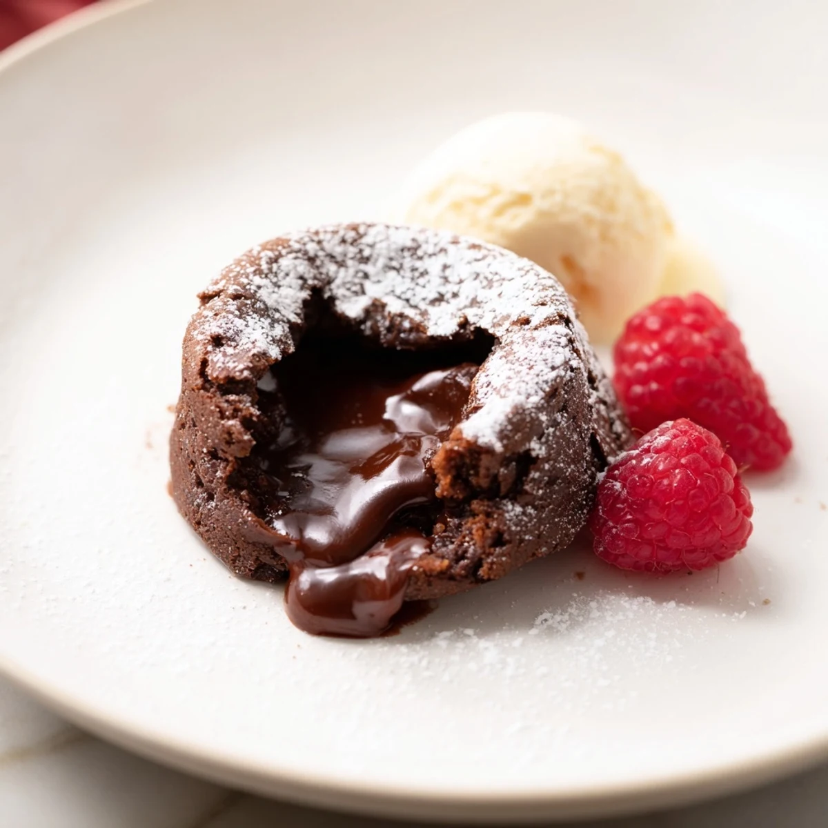 Fresh berries next to perfect mini chocolate lava cakes suggest a delicious dessert combination.