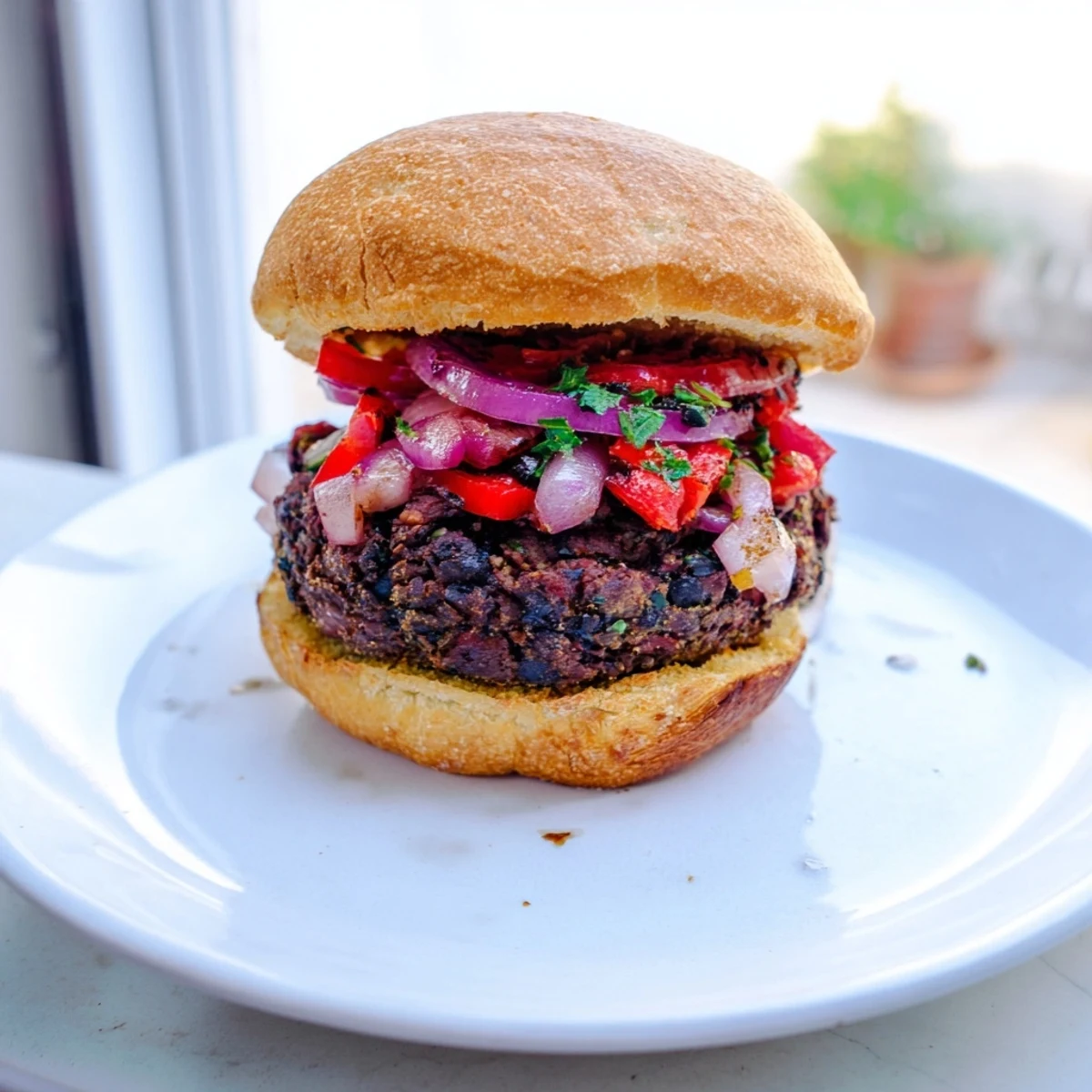 Golden-brown vegetarian black bean burgers ready to be piled high with fresh toppings for a delightful meal.