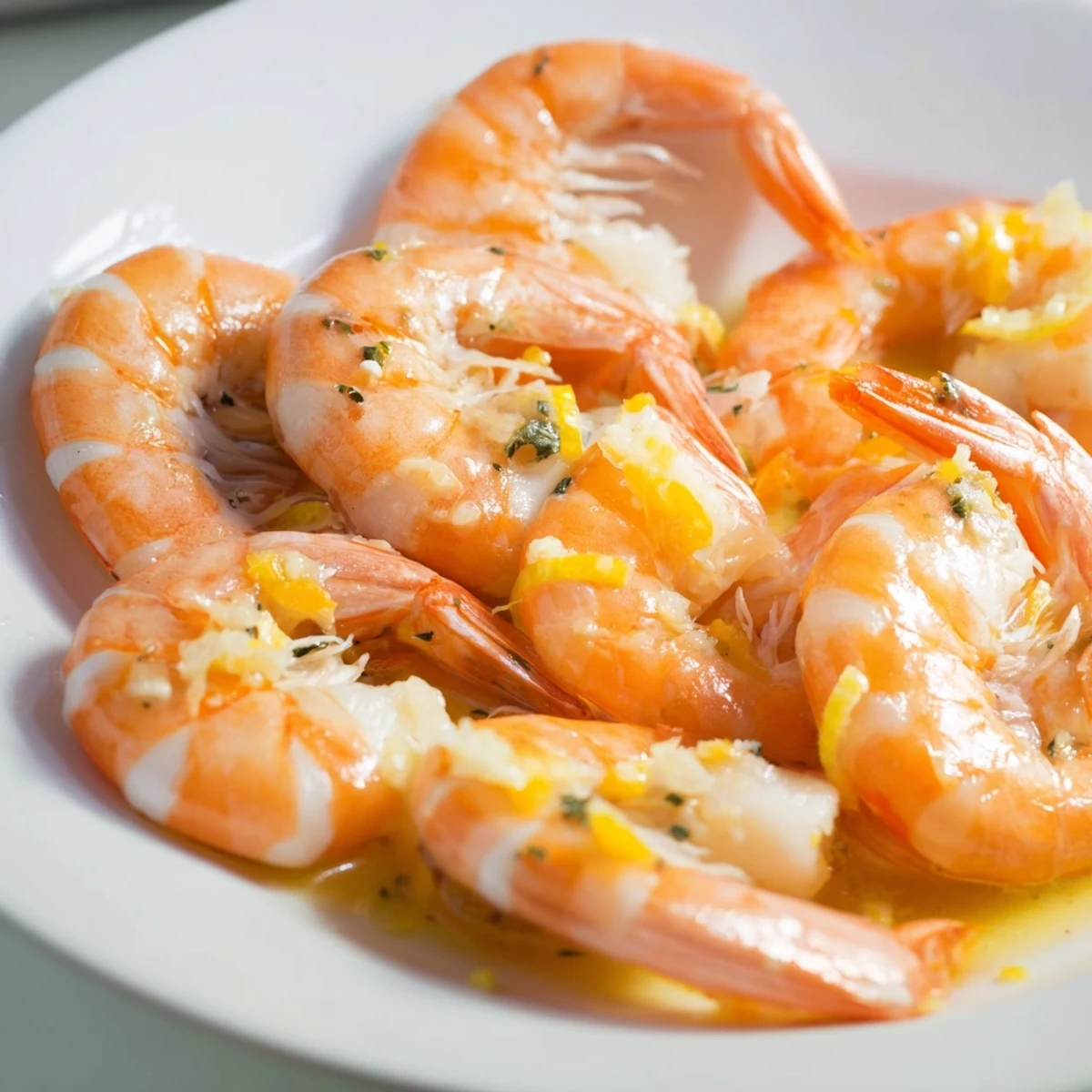 Golden garlic shrimp scampi, sizzling in a pan and ready to serve with pasta.