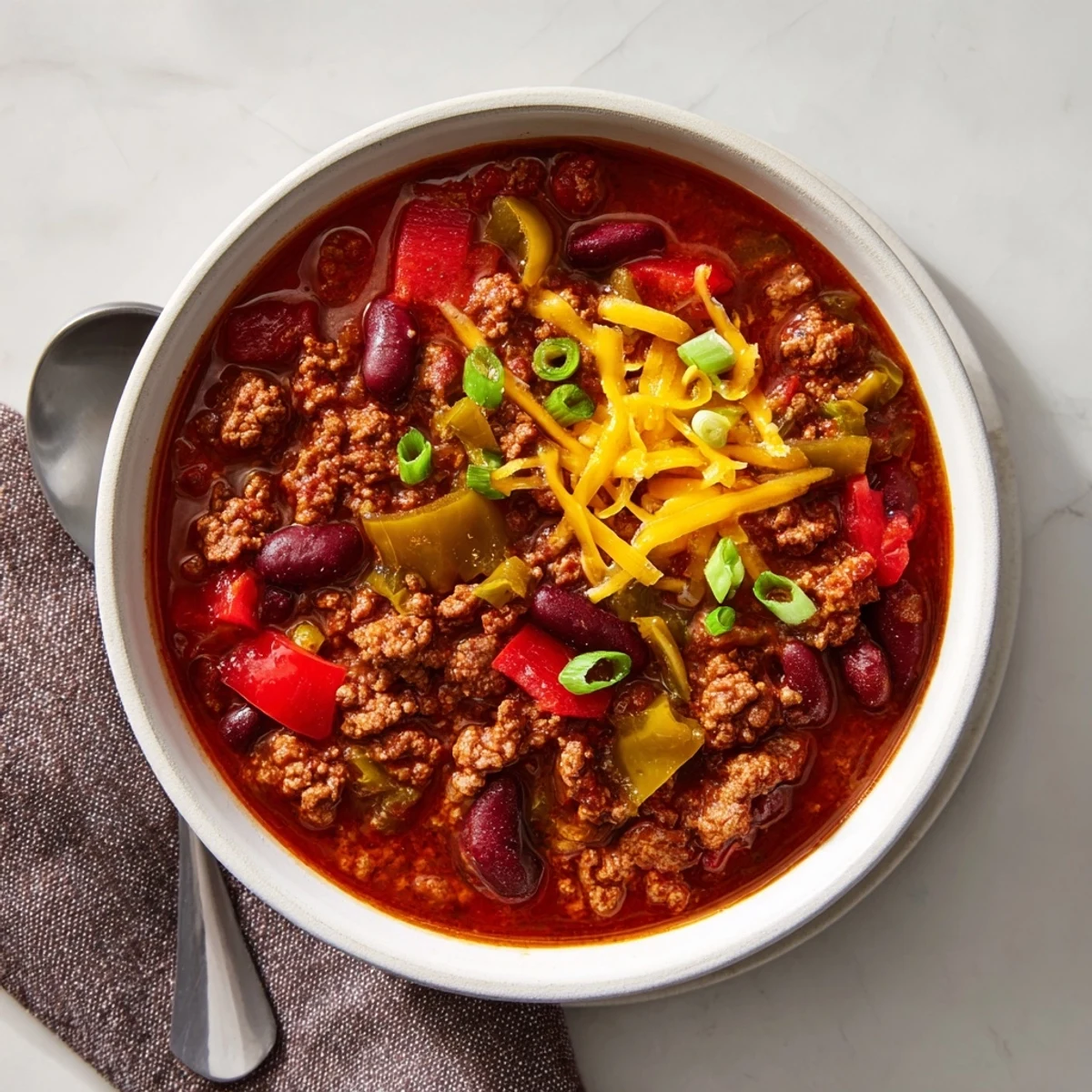 A steaming bowl of Simple Weeknight Chili, topped with cheese and sour cream, ready to eat!