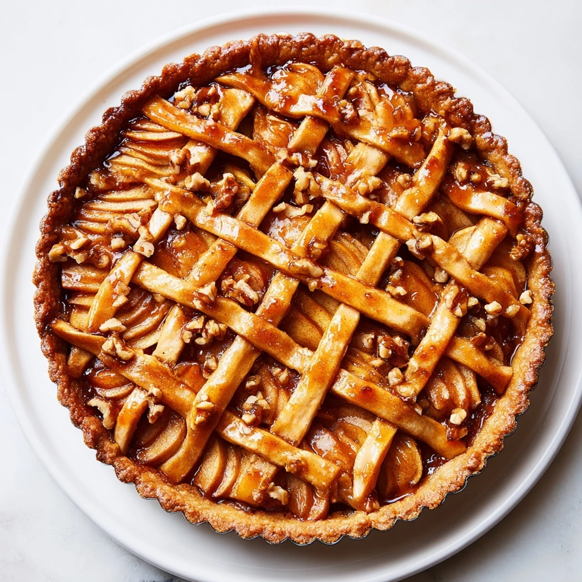 Honey-glazed Walnut filling underneath a beautifully woven apple Lattice Orchard, ready to serve warm.