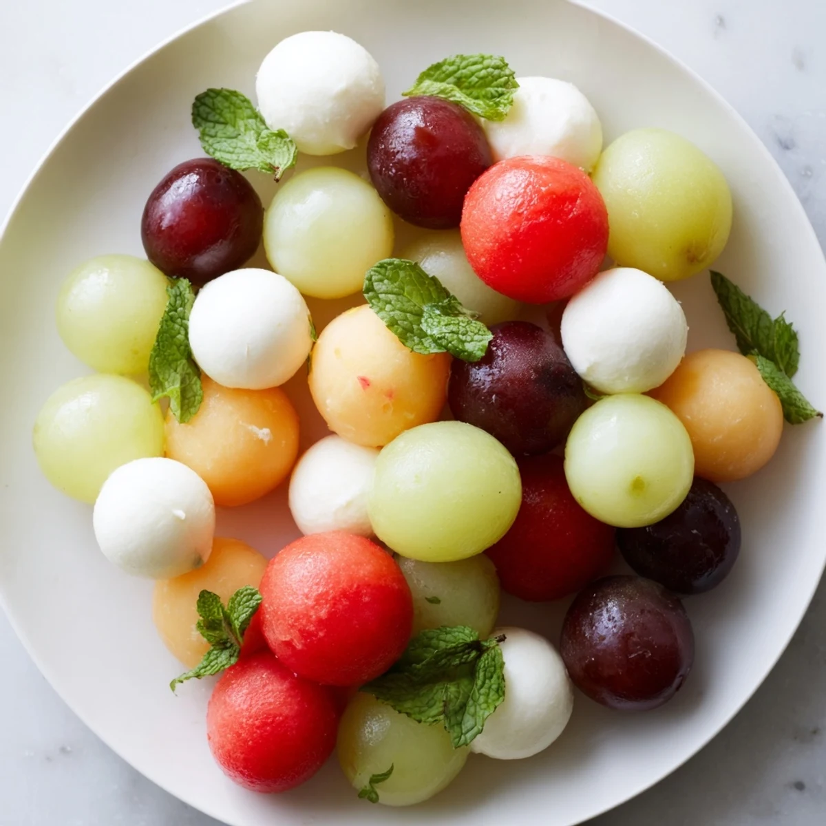A vibrant Polka Dot Platter appetizer, a colorful array of fruit and cheese spheres, ready to serve.