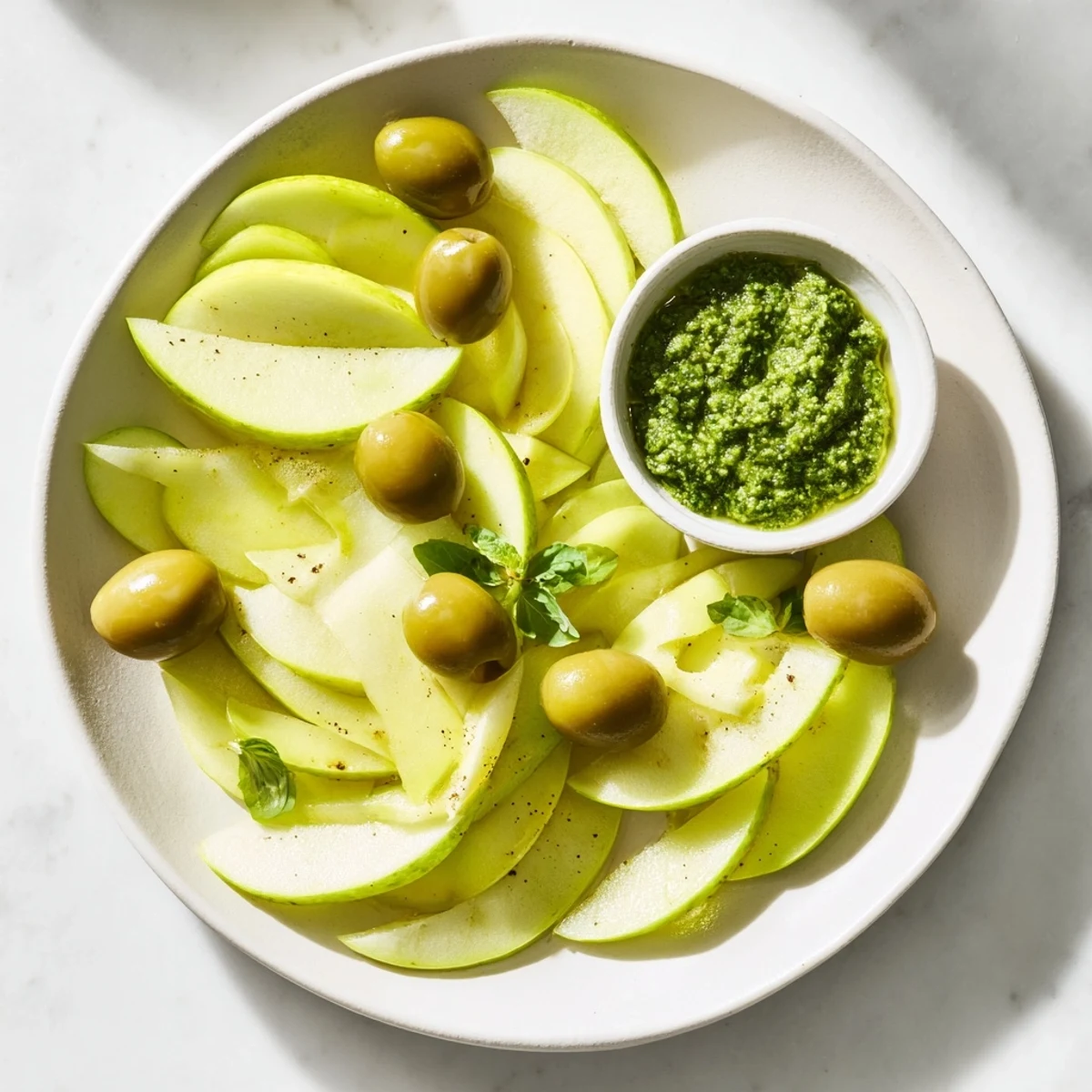A close-up of The Emerald City appetizer spread, showcasing green olives and zesty lime slices.