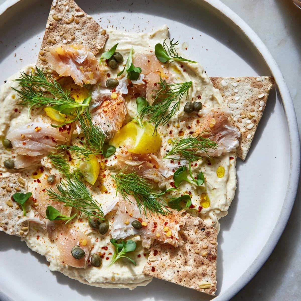 The Driftwood Beach appetizer with flaky smoked fish, creamy hummus, and rustic crackers arranged to perfection.