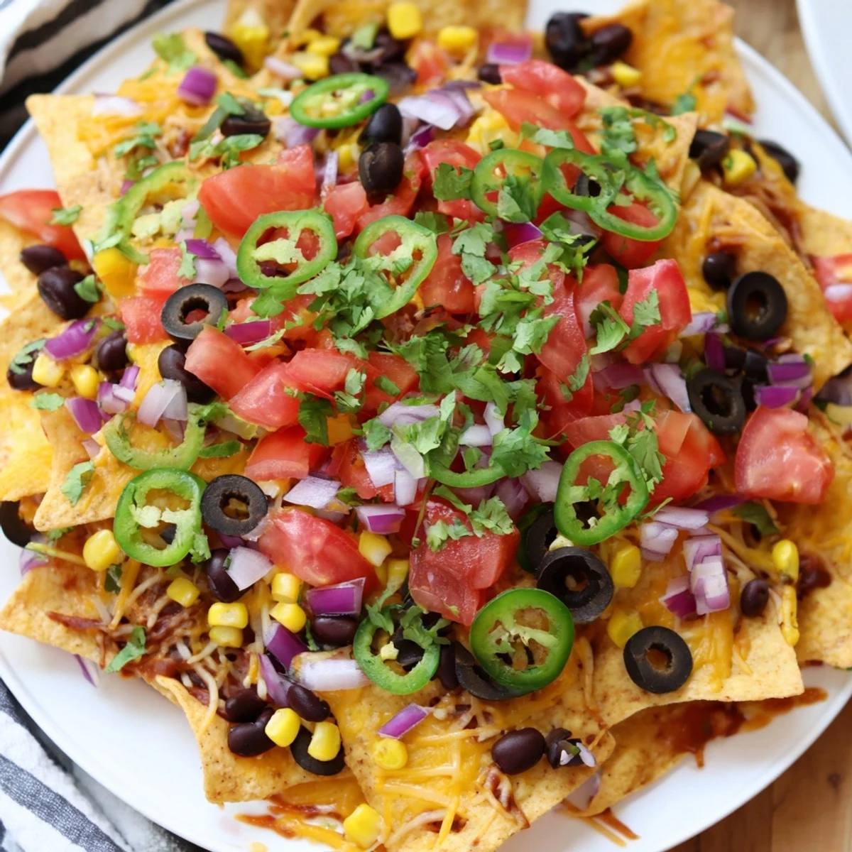 Golden, bubbly sheet pan nachos loaded with cheese, fresh veggies, and ready for serving.