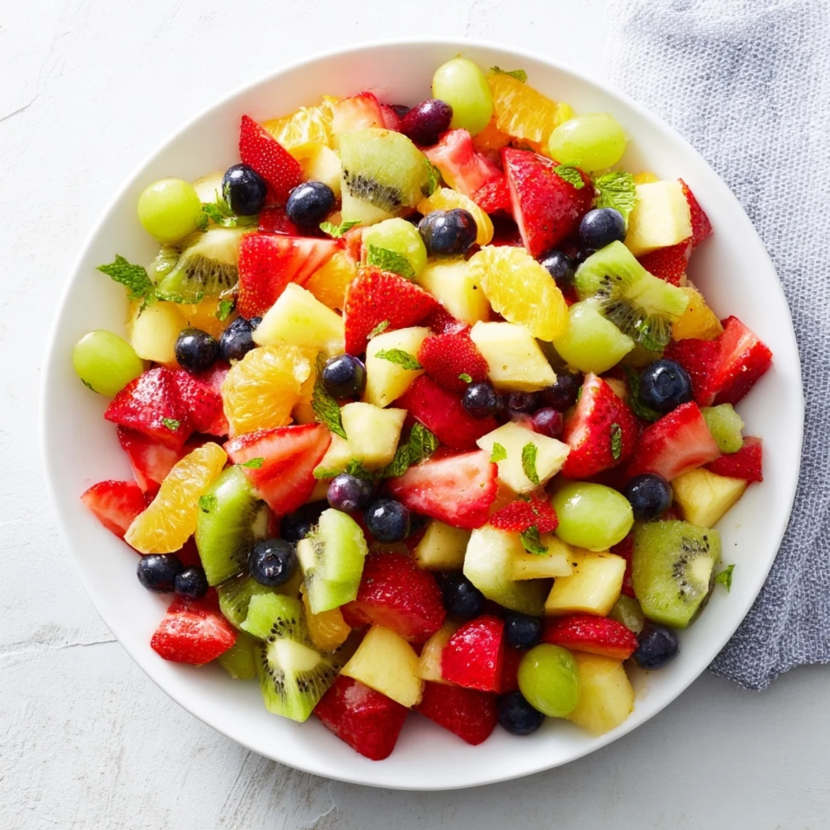 A colorful bowl of refreshing fruit salad glistens with honey-lime dressing, ideal for summer.