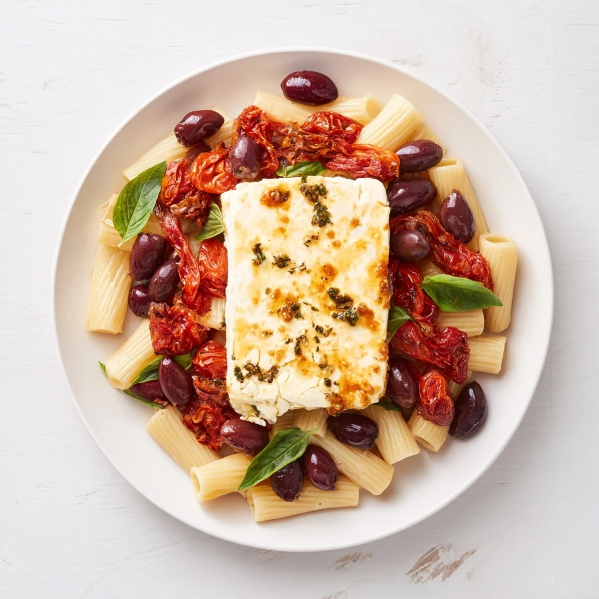 Creamy Baked Feta Pasta, bursting with juicy tomatoes and Kalamata olives, ready to serve.
