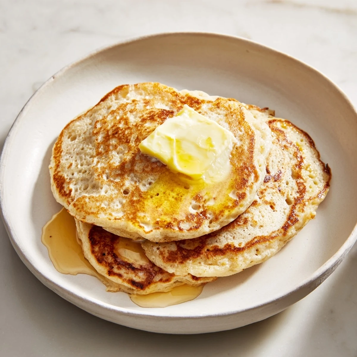 Fluffy, golden ricotta pancakes stacked high, drizzled with syrup and topped with fresh berries.