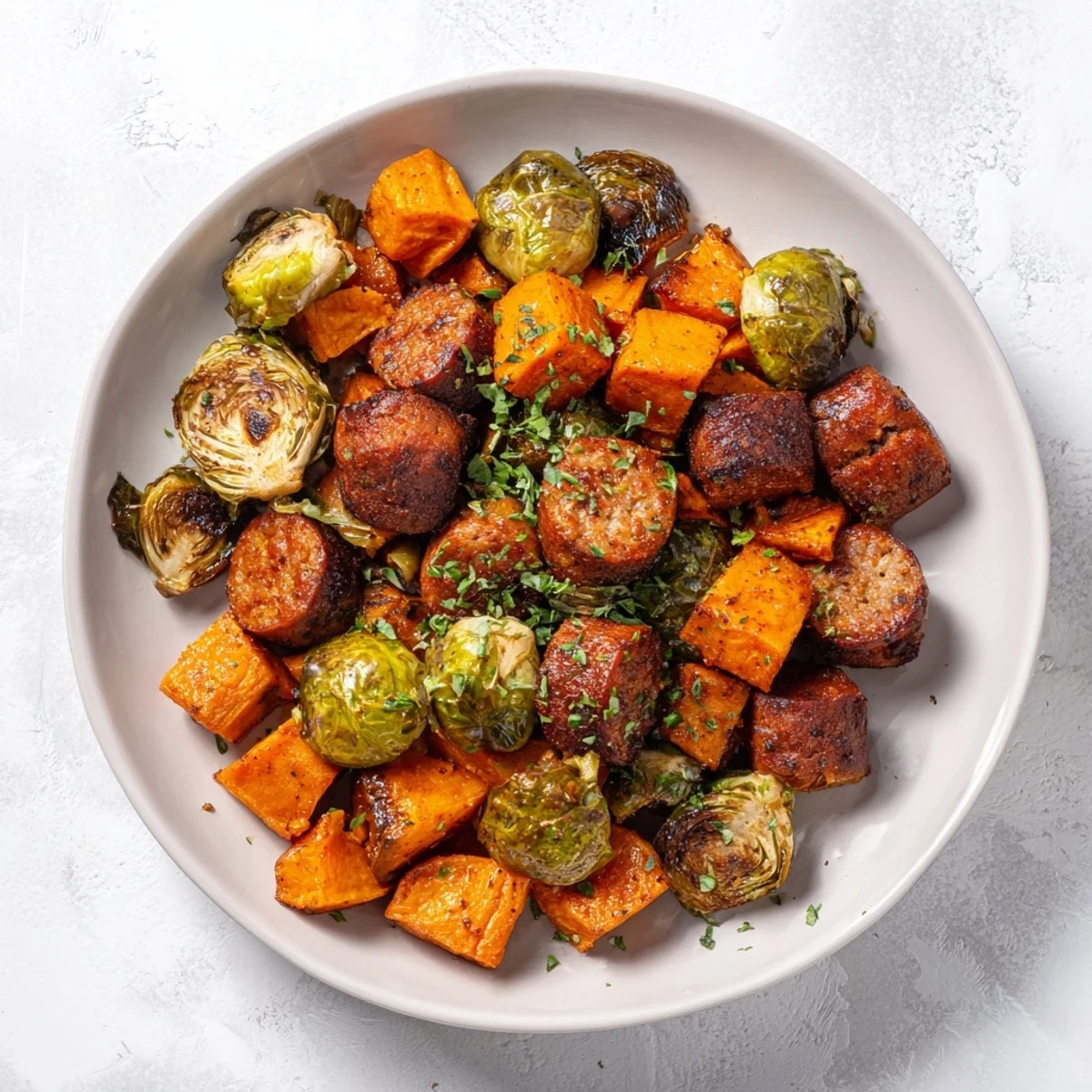 Golden, roasted Sheet Pan Sausage, Sweet Potato, and Brussels Sprouts, ready to serve with fresh parsley.