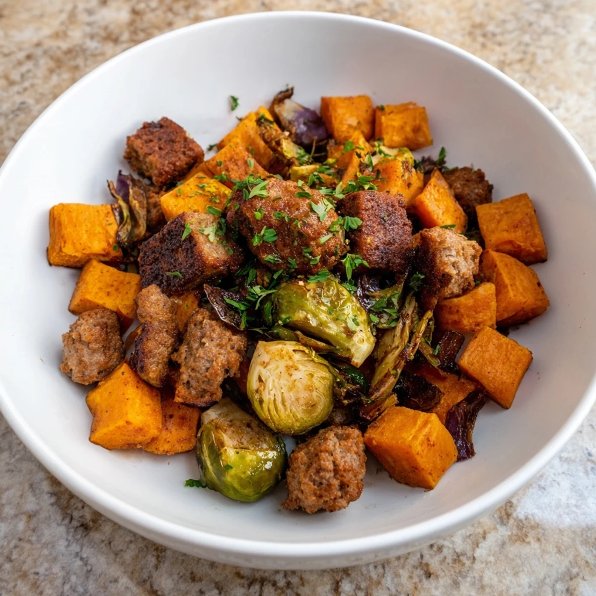 This vibrant sheet pan meal of Sheet Pan Sausage, Sweet Potato, and Brussels Sprouts features tender vegetables and savory sausage.
