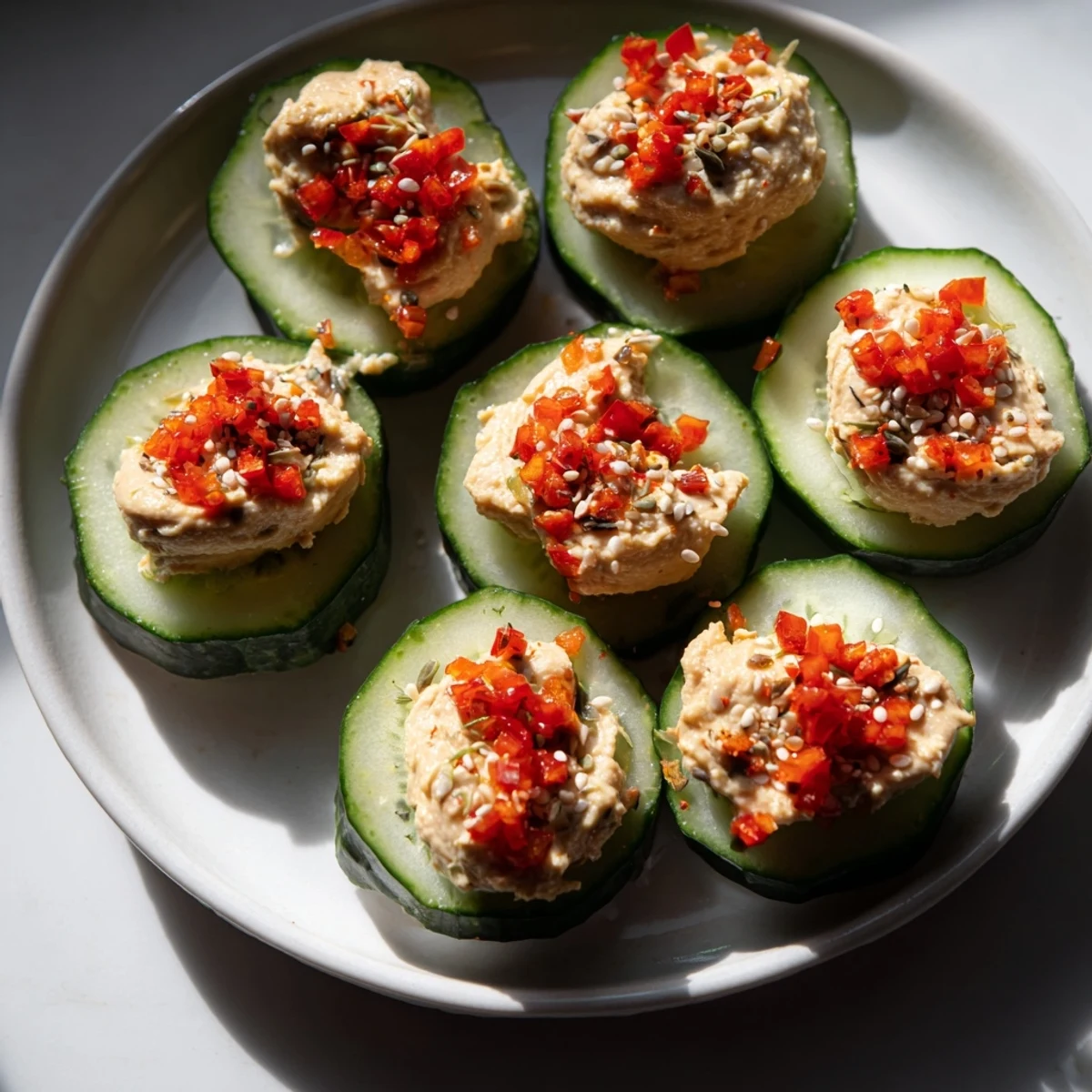 Vibrant image shows Quick Hummus and Cucumber Bites, a delightful Mediterranean appetizer with colorful toppings.