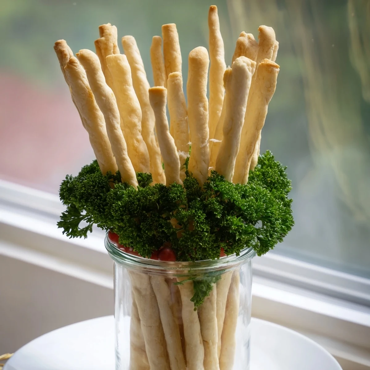 Eye-catching, The Vertical Forest: breadstick "trees" rise from a bed of parsley and grapes.