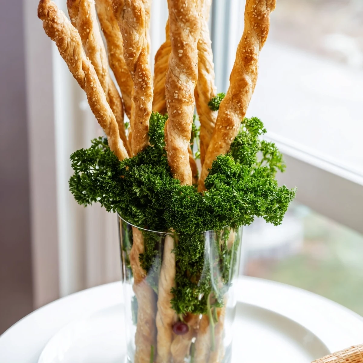 The Vertical Forest: Tall breadsticks stand like trees encircled by grapes and fresh parsley.