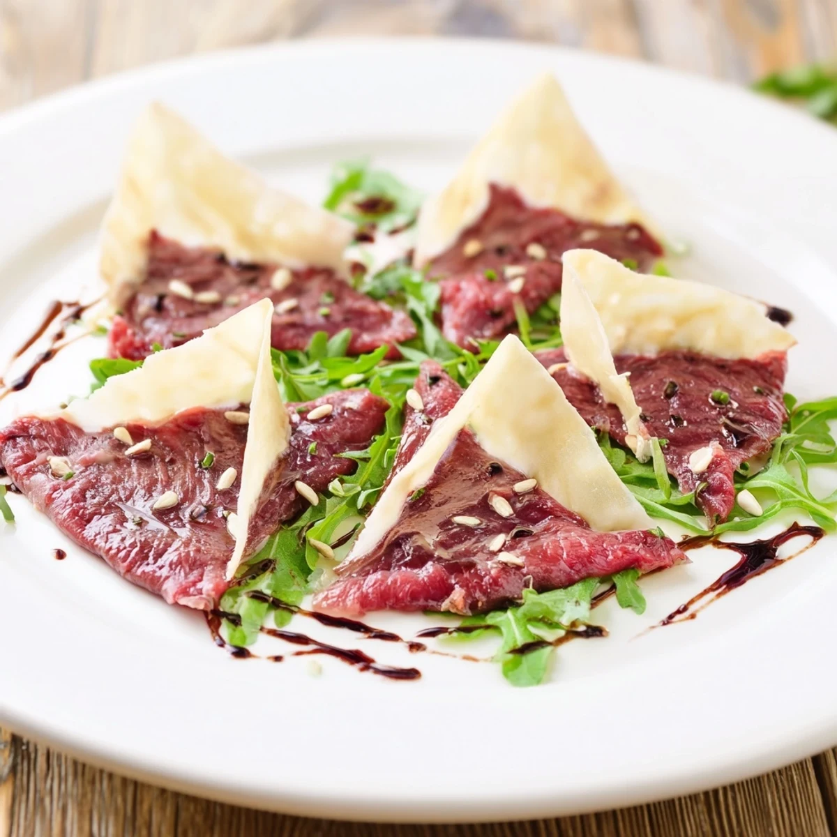 Delicate Origami Fold Beef Appetizer, arranged beautifully on a bed of fresh, green arugula.