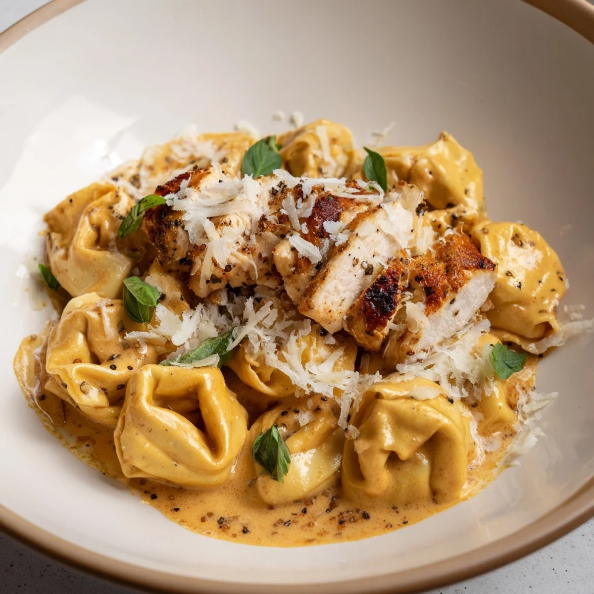 Creamy Marry Me Chicken Tortellini with sliced chicken, garnished with fresh basil leaves for a delightful meal.