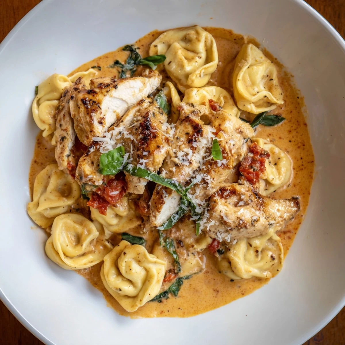 A close-up shot of Marry Me Chicken Tortellini with golden chicken and bright red sun-dried tomatoes inside.