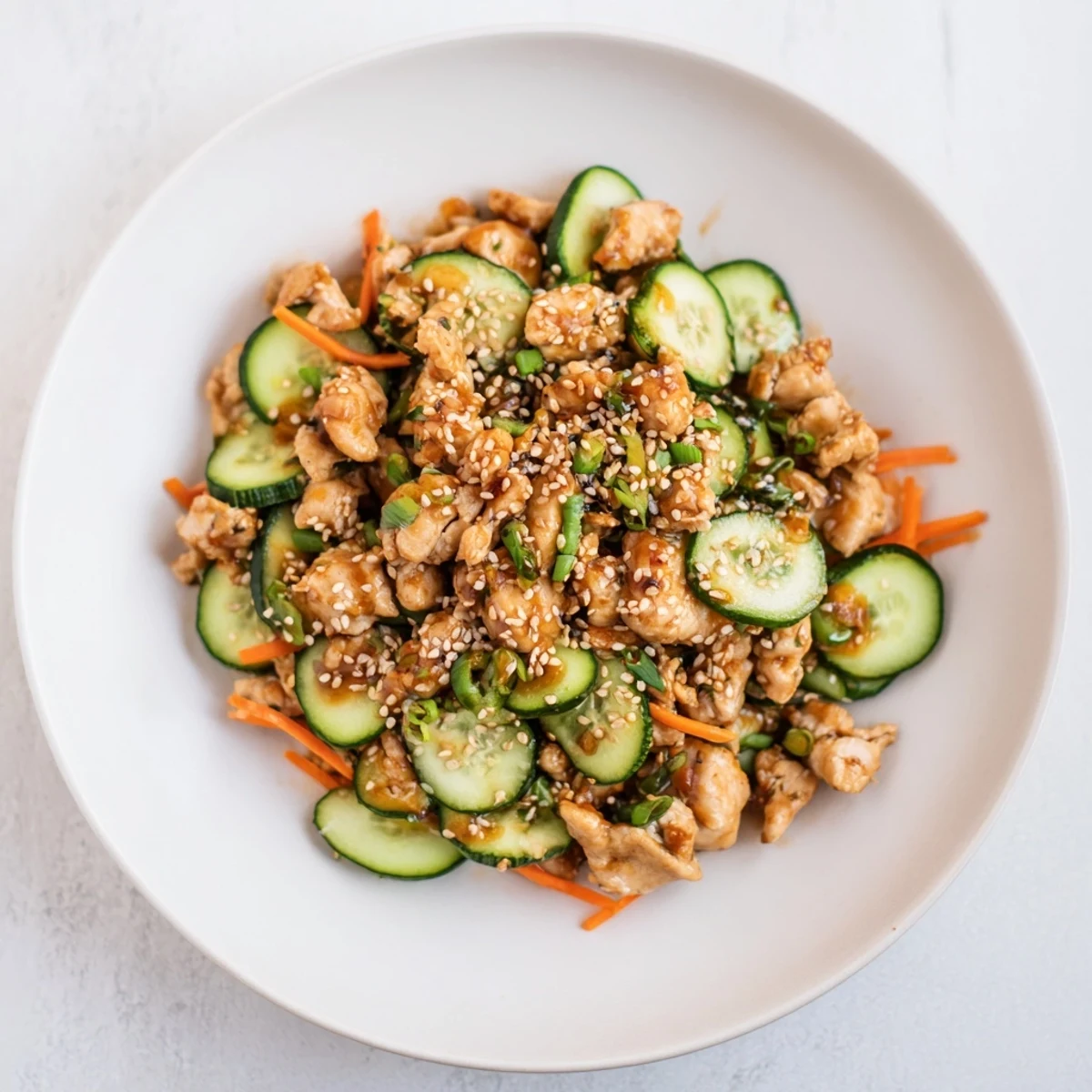 Deli container shaker chicken salad, a refreshing and flavorful mix with crisp cucumber and savory sauce.