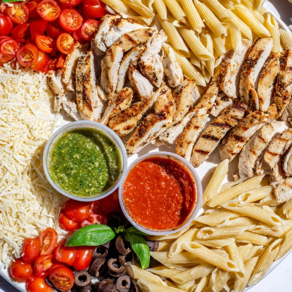 Shareable Girl Dinner pasta board: pasta varieties, creamy sauces, and fresh toppings make a delightful meal.