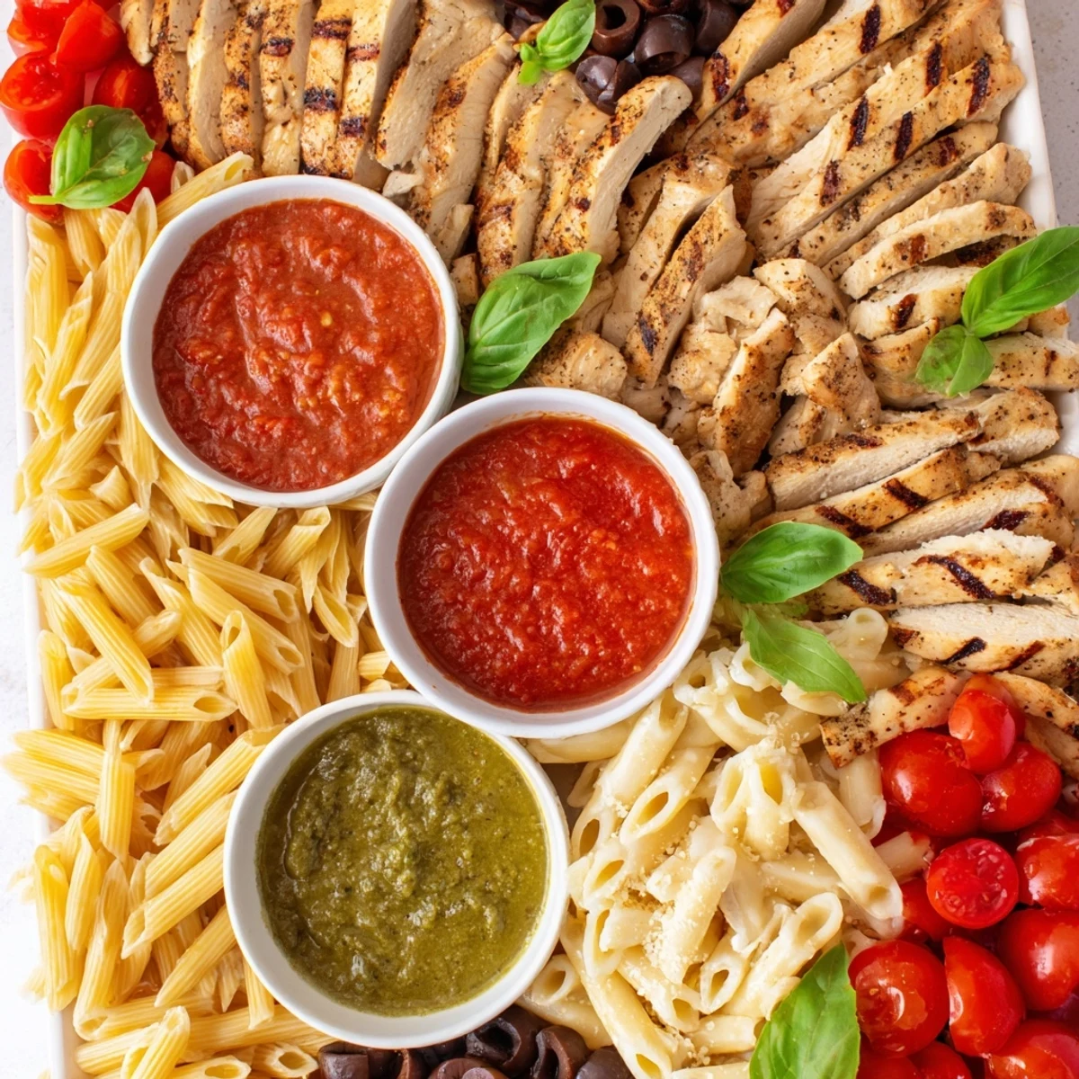 Delicious Girl Dinner pasta board creation featuring perfect grilled chicken strips and flavorful pasta sauces.