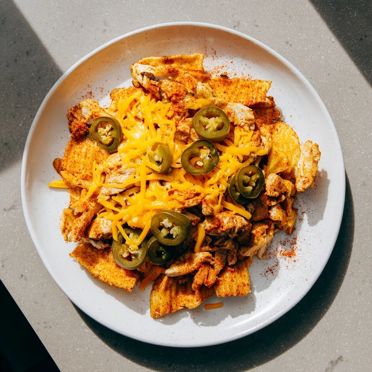 Pasta Chip Nachos with melted cheese, spicy jalapeños, and flavorful taco chicken, ready to eat.