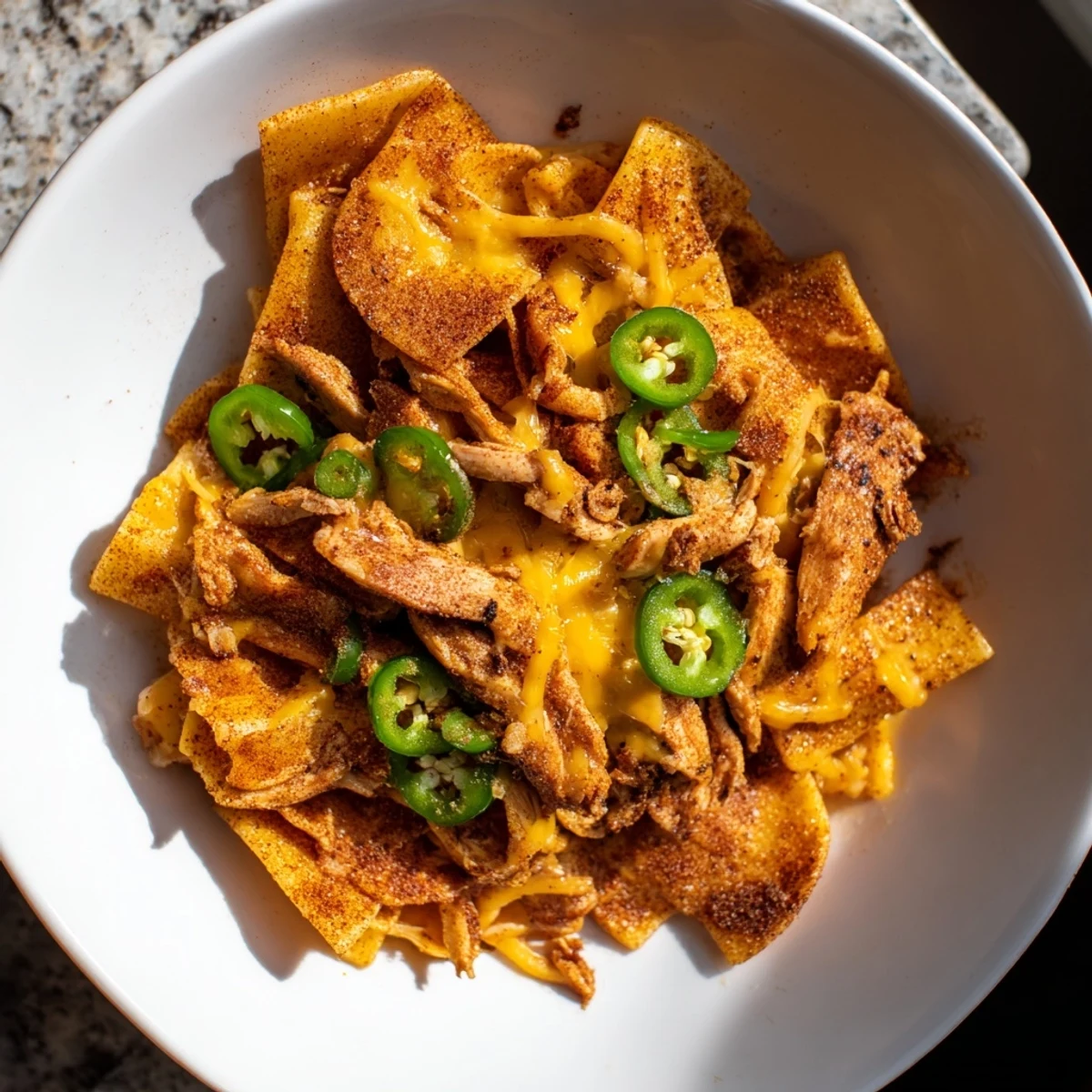 Golden, crispy Pasta Chip Nachos topped with tender chicken and melted cheddar, perfect for sharing.