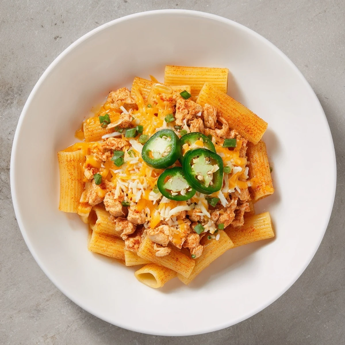 A close-up of delicious Pasta Chip Nachos featuring seasoned chicken and fresh toppings ready to enjoy.