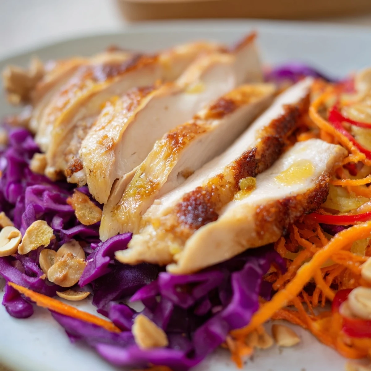 Tossed Carrot Ribbon and Chicken Slaw displays vibrant colors with juicy chicken and a creamy dressing.