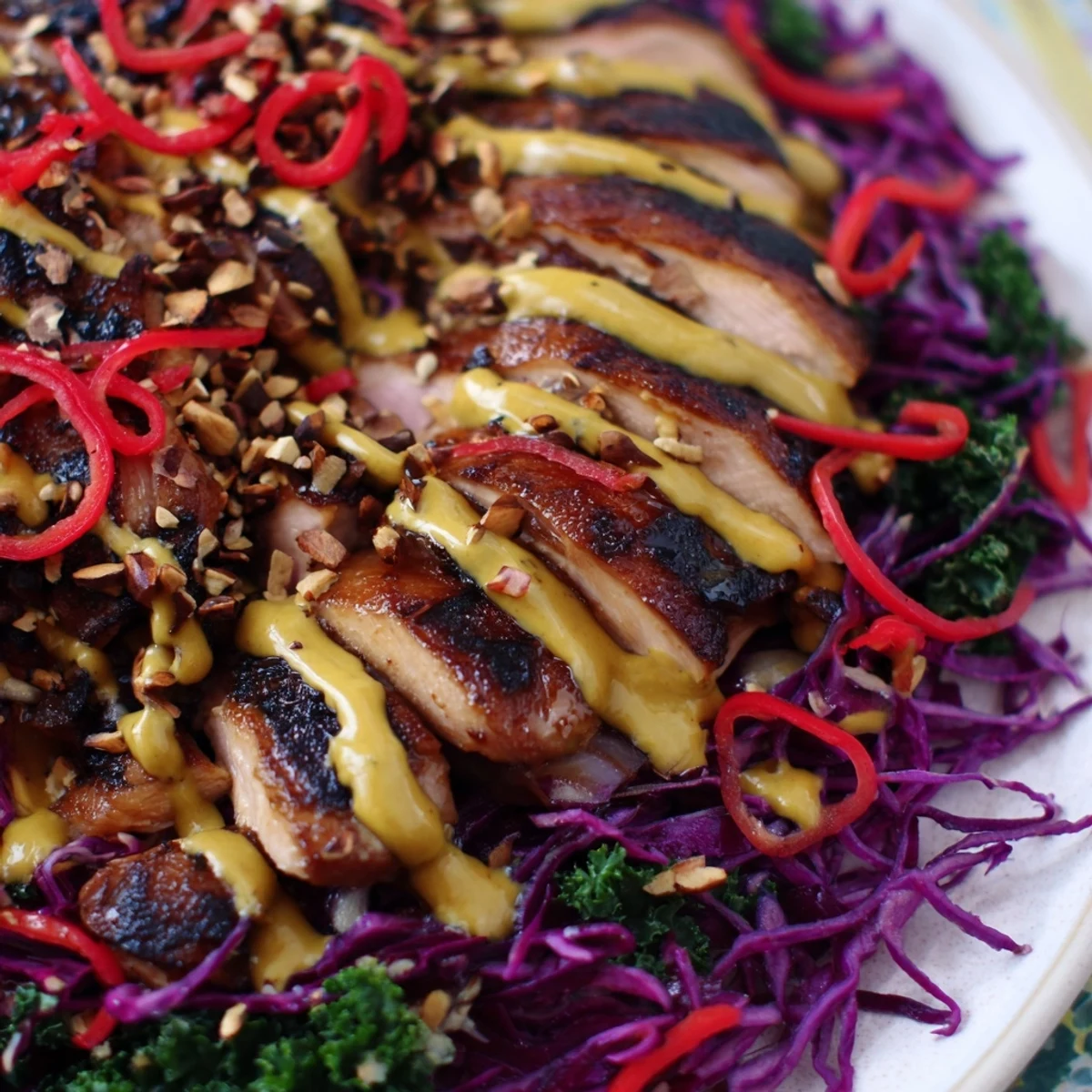 Close-up shot shows a colorful bowl of Carrot Ribbon and Chicken Slaw, highlighting the freshness of carrots, red cabbage, and cilantro.