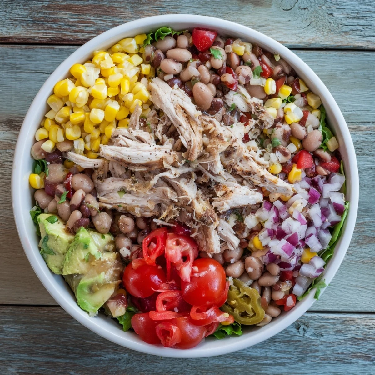 Dense Southwestern Bean Salad bursting with colorful veggies, chicken, and a zesty lime dressing.