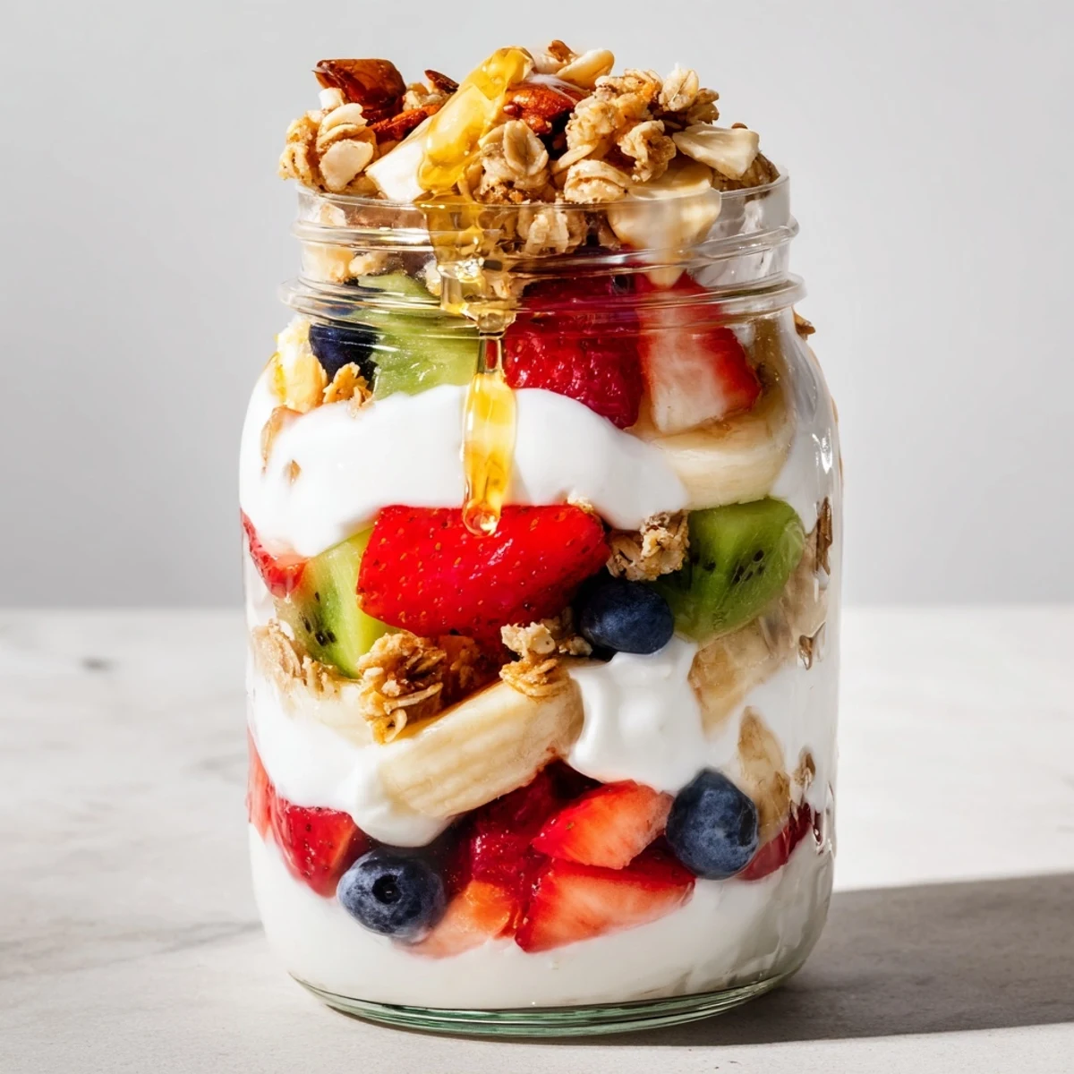 Layered Yogurt Fruit Parfait brimming with fresh strawberries, blueberries, and creamy yogurt, a healthy breakfast.