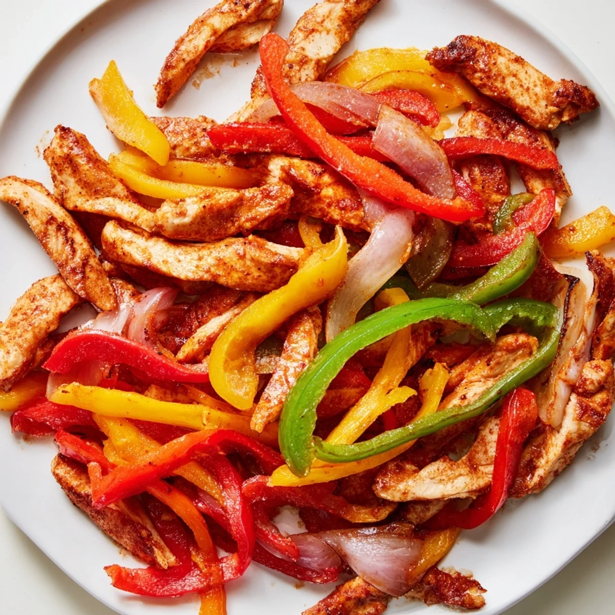 Sheet-pan chicken fajitas with sizzling peppers and onions, ready for warm tortillas and toppings.