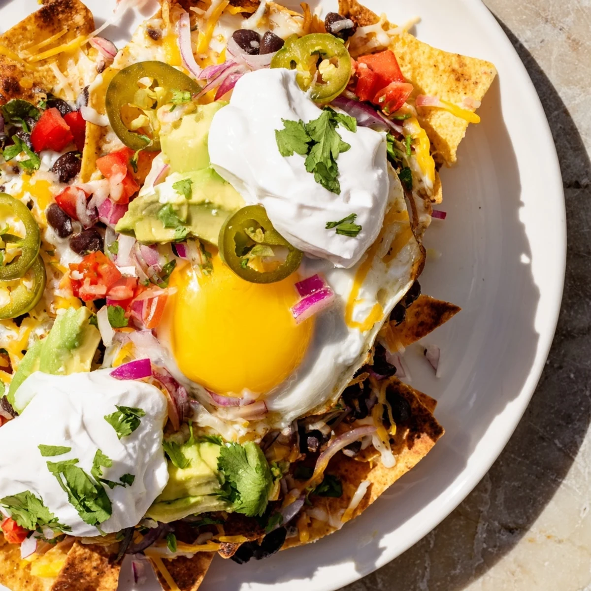 Golden, bubbly Egg-Topped Breakfast Nachos with runny egg yolk and fresh cilantro garnish.