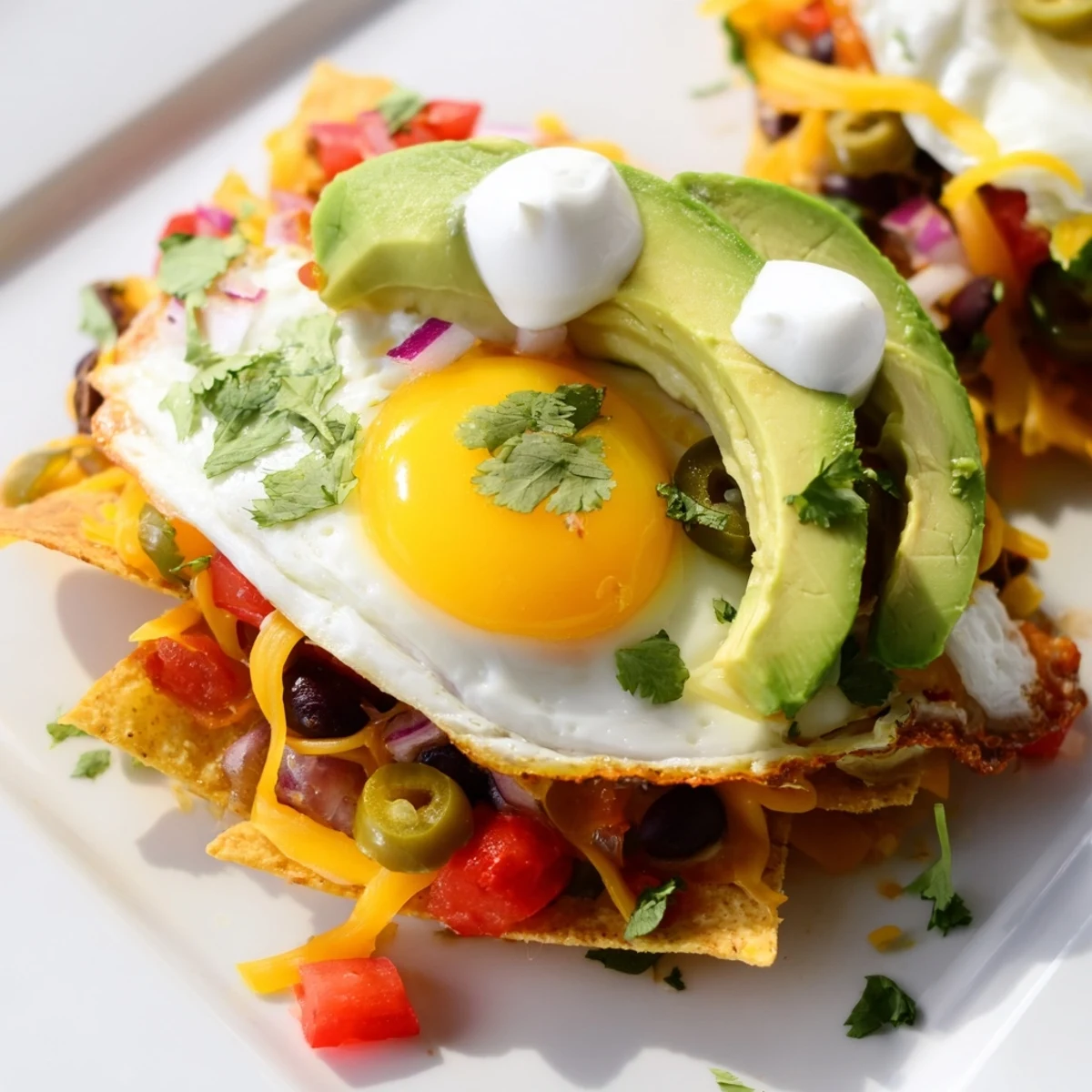 Enjoy a morning feast—savory Egg-Topped Breakfast Nachos, piled high with cheese and fresh toppings.
