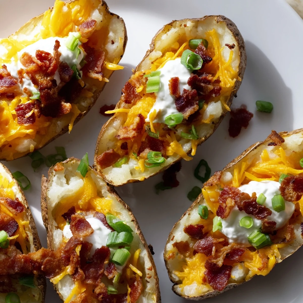 Golden, crispy Loaded Baked Potato Skins, generously filled with gooey cheese and crumbled bacon.