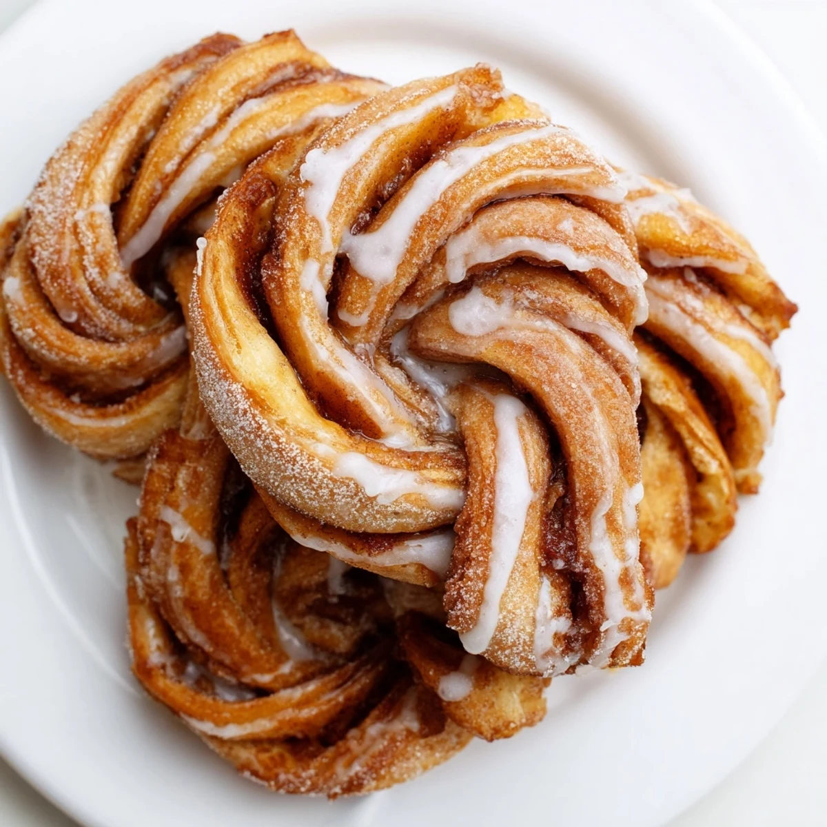 Air-Fryer Cinnamon Roll Twists: golden, crispy swirls, drizzled with sweet vanilla glaze, perfect for a cozy breakfast.